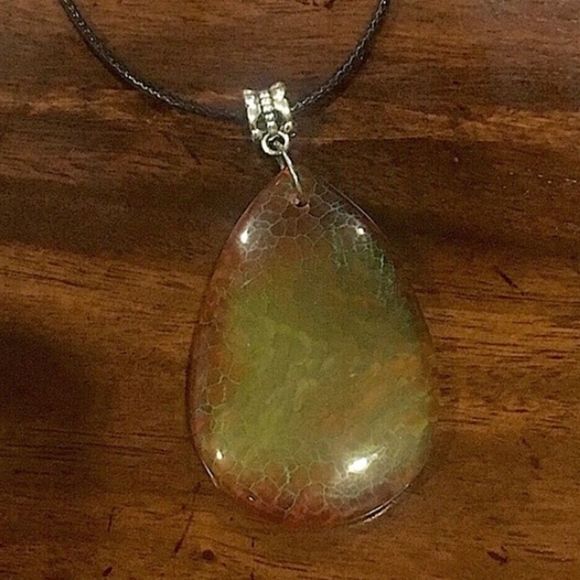 Fire Dragon Agate Teardrop Pendant on Waxed Necklace w/ Lobster Claw Clasp - Picture 3 of 11